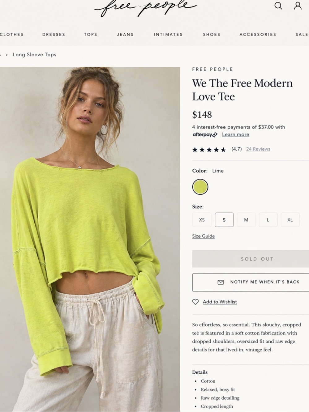 Free People Lime Cropped Long Sleeve Tee